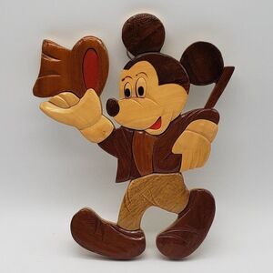 Intarsia Wood Vintage 1980s Carved Mickey Mouse Top Hat & Cane Wall Hanging